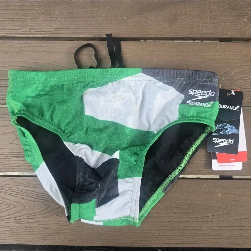 Speedo Endurance+ Boy's Green/grey Colorblock Racer Briefs Sz 26 New